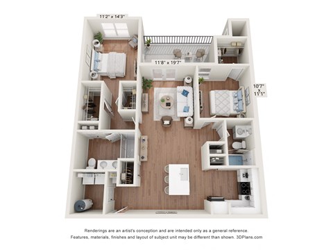 Floor plan for 2 beds, 2 baths, 1235 sqft